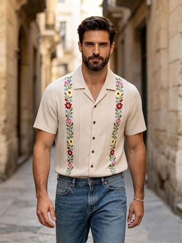 قميص مكسيكي للرجال، قمصان Guayabera الرسمية مطرزة بالزهور وأكمام قصيرة وأزرار سفلية in Kuwait