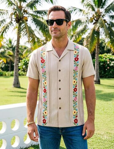 قميص مكسيكي للرجال، قمصان Guayabera الرسمية مطرزة بالزهور وأكمام قصيرة وأزرار سفلية in Kuwait