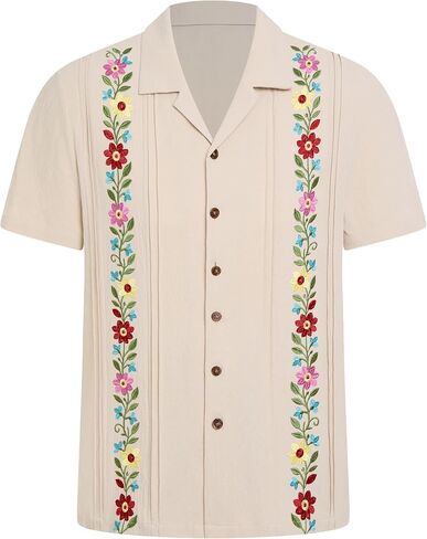 قميص مكسيكي للرجال، قمصان Guayabera الرسمية مطرزة بالزهور وأكمام قصيرة وأزرار سفلية in Kuwait
