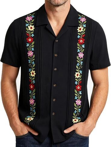 قميص مكسيكي للرجال، قمصان Guayabera الرسمية مطرزة بالزهور وأكمام قصيرة وأزرار سفلية in Kuwait