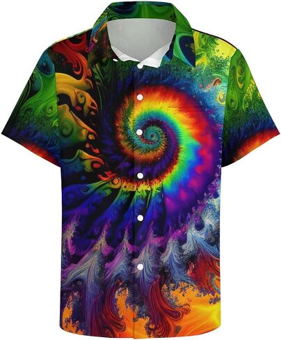 Hawaiian Mysterious Psychedelic Rainbow Totem Tie-Dye Lapel Pocket Short Sleeved Shirt Button Shirt,Green,XL in Saudi Arabia