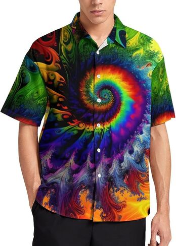 Hawaiian Mysterious Psychedelic Rainbow Totem Tie-Dye Lapel Pocket Short Sleeved Shirt Button Shirt,Green,XL in Saudi Arabia