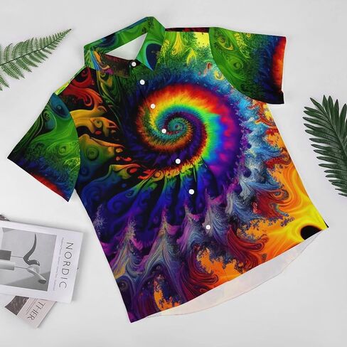 Hawaiian Mysterious Psychedelic Rainbow Totem Tie-Dye Lapel Pocket Short Sleeved Shirt Button Shirt,Green,XL in Saudi Arabia