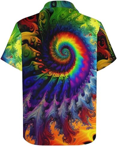 Hawaiian Mysterious Psychedelic Rainbow Totem Tie-Dye Lapel Pocket Short Sleeved Shirt Button Shirt,Green,XL in Saudi Arabia