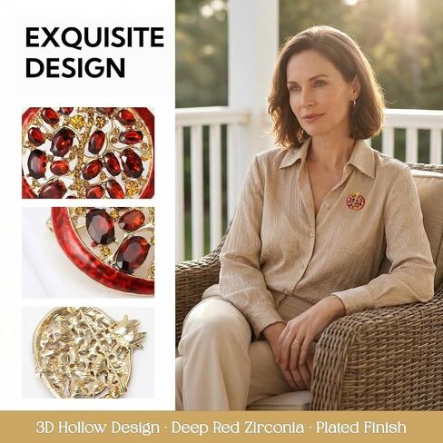 Pomegranate Brooch and Pins for Women 3D Golden Red Crystal Zirconia Vintage Retro Elegant Statement Lapel Pin Jewelry Brooch for Jacket Scarf Dress Bag in Saudi Arabia