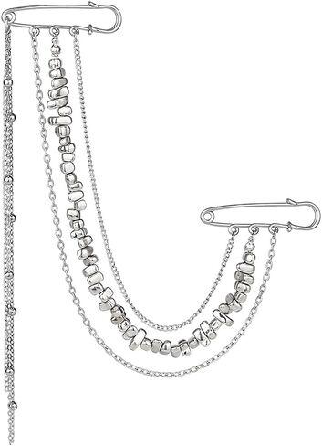 Multi-layer Silver Long Chain Brooch Pin Double Pins Tassel Beaded Brooches and Pins for Women Fashion Punk Suit Decorative Pin Vintage Silver Brooches for Shirt Clothes Accessories Womens Brooch in Saudi Arabia