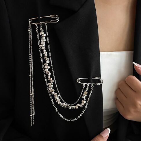 Multi-layer Silver Long Chain Brooch Pin Double Pins Tassel Beaded Brooches and Pins for Women Fashion Punk Suit Decorative Pin Vintage Silver Brooches for Shirt Clothes Accessories Womens Brooch in Saudi Arabia