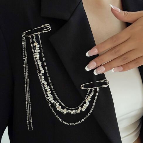 Multi-layer Silver Long Chain Brooch Pin Double Pins Tassel Beaded Brooches and Pins for Women Fashion Punk Suit Decorative Pin Vintage Silver Brooches for Shirt Clothes Accessories Womens Brooch in Saudi Arabia