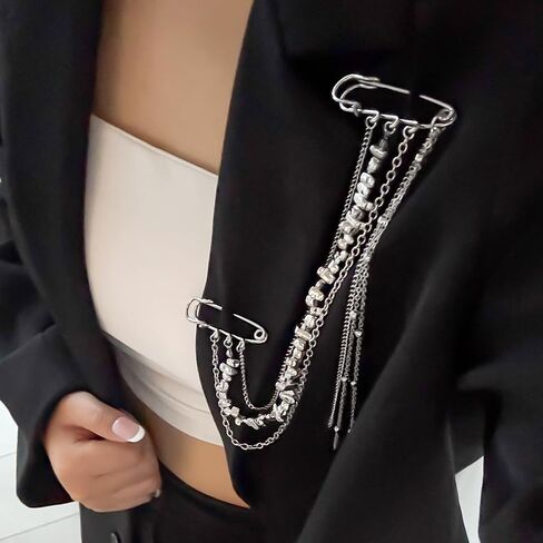 Multi-layer Silver Long Chain Brooch Pin Double Pins Tassel Beaded Brooches and Pins for Women Fashion Punk Suit Decorative Pin Vintage Silver Brooches for Shirt Clothes Accessories Womens Brooch in Saudi Arabia