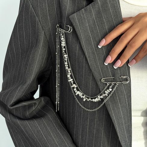 Multi-layer Silver Long Chain Brooch Pin Double Pins Tassel Beaded Brooches and Pins for Women Fashion Punk Suit Decorative Pin Vintage Silver Brooches for Shirt Clothes Accessories Womens Brooch in Saudi Arabia