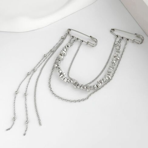 Multi-layer Silver Long Chain Brooch Pin Double Pins Tassel Beaded Brooches and Pins for Women Fashion Punk Suit Decorative Pin Vintage Silver Brooches for Shirt Clothes Accessories Womens Brooch in Saudi Arabia