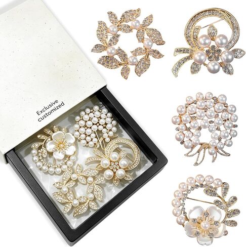 4 Pcs Pearl Flower Brooch Pins Set for Women, Gold Rhinestone Faux Pearl Floral Brooches with Gift Box for Wedding Dress Coat Sweater Scarf Decoration in Saudi Arabia