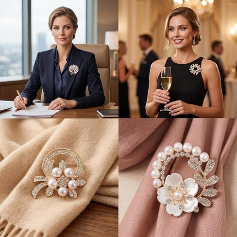 4 Pcs Pearl Flower Brooch Pins Set for Women, Gold Rhinestone Faux Pearl Floral Brooches with Gift Box for Wedding Dress Coat Sweater Scarf Decoration in Saudi Arabia