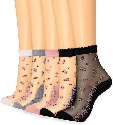 Campsis Sheer Socks Floral Sheer Ankle Socks Lace Transparent Socks for Women(5 Pairs) in Saudi Arabia