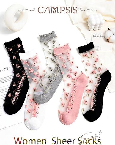 Campsis Sheer Socks Floral Sheer Ankle Socks Lace Transparent Socks for Women(5 Pairs) in Saudi Arabia