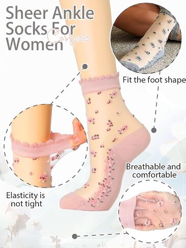 Campsis Sheer Socks Floral Sheer Ankle Socks Lace Transparent Socks for Women(5 Pairs) in Saudi Arabia