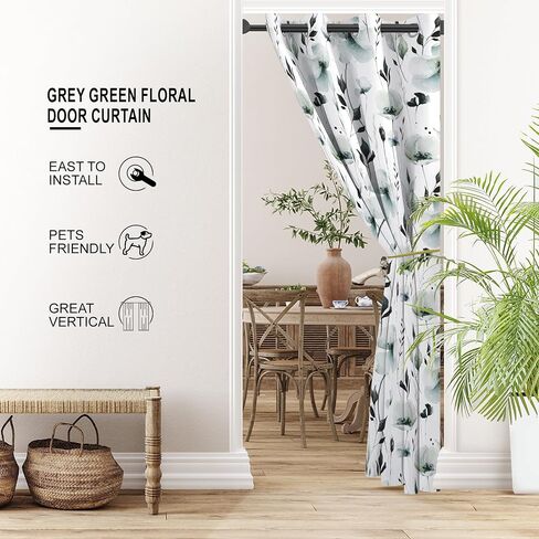 Grey Green Floral Door Curtains for Doorways, Abstract Watercolor Botanical Blackout Grommet Curtain for Closet or Room Divider, Modern Privacy Door Drapes, 34" W x 80" L in Saudi Arabia