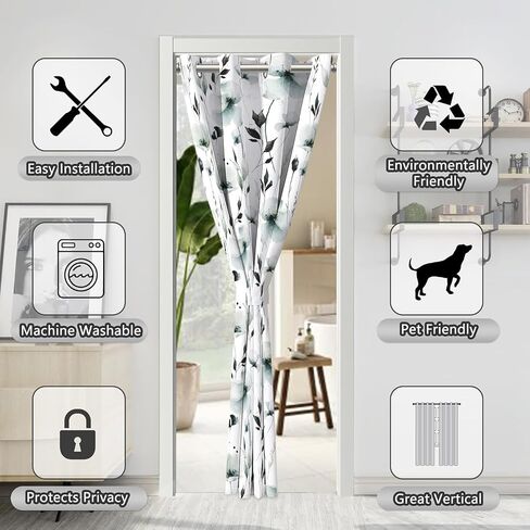 Grey Green Floral Door Curtains for Doorways, Abstract Watercolor Botanical Blackout Grommet Curtain for Closet or Room Divider, Modern Privacy Door Drapes, 34" W x 80" L in Saudi Arabia