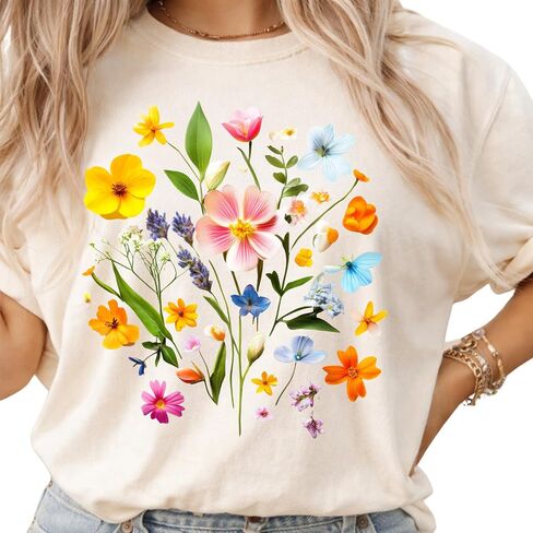 Wildflower Bouquet Design - Womens Comfort Colors - Ivory Retro Floral Botanical Graphic Tee in Saudi Arabia