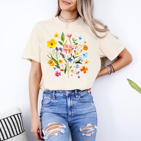 Wildflower Bouquet Design - Womens Comfort Colors - Ivory Retro Floral Botanical Graphic Tee in Saudi Arabia