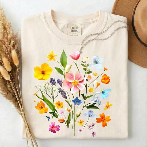 Wildflower Bouquet Design - Womens Comfort Colors - Ivory Retro Floral Botanical Graphic Tee in Saudi Arabia