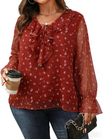 Plus Size Floral Blouse for Women with Long Sleeve Ruffled Collar V Neck Tie Casual Top for Summer Spring in Saudi Arabia