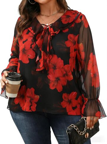 Plus Size Floral Blouse for Women with Long Sleeve Ruffled Collar V Neck Tie Casual Top for Summer Spring in Kuwait
