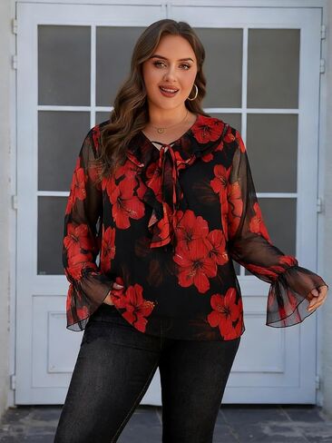Plus Size Floral Blouse for Women with Long Sleeve Ruffled Collar V Neck Tie Casual Top for Summer Spring in Kuwait
