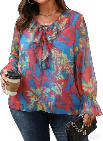 Plus Size Floral Blouse for Women with Long Sleeve Ruffled Collar V Neck Tie Casual Top for Summer Spring in Kuwait