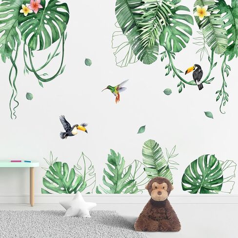 Mfault Tropical Plants Birds Wall Decals Stickers, Hawaii Spring Summer Monstera Palm Leaves Botanical Decorations Bedroom Art, Toucan Hummingbird Frangipani Home Living Room Kitchen Decor in Kuwait