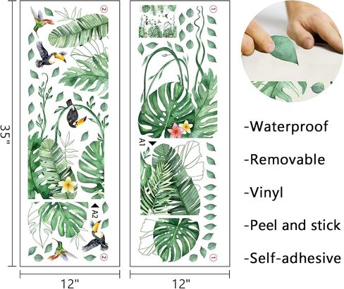 Mfault Tropical Plants Birds Wall Decals Stickers, Hawaii Spring Summer Monstera Palm Leaves Botanical Decorations Bedroom Art, Toucan Hummingbird Frangipani Home Living Room Kitchen Decor in Kuwait