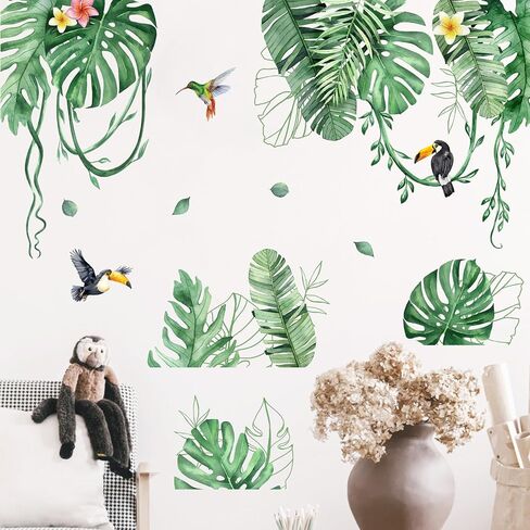 Mfault Tropical Plants Birds Wall Decals Stickers, Hawaii Spring Summer Monstera Palm Leaves Botanical Decorations Bedroom Art, Toucan Hummingbird Frangipani Home Living Room Kitchen Decor in Kuwait