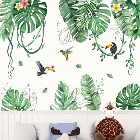 Mfault Tropical Plants Birds Wall Decals Stickers, Hawaii Spring Summer Monstera Palm Leaves Botanical Decorations Bedroom Art, Toucan Hummingbird Frangipani Home Living Room Kitchen Decor in Kuwait
