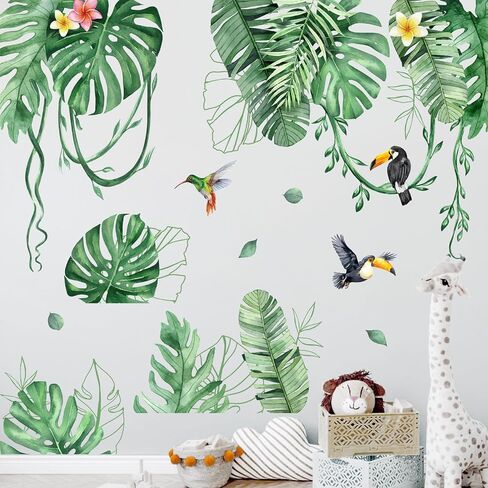 Mfault Tropical Plants Birds Wall Decals Stickers, Hawaii Spring Summer Monstera Palm Leaves Botanical Decorations Bedroom Art, Toucan Hummingbird Frangipani Home Living Room Kitchen Decor in Kuwait