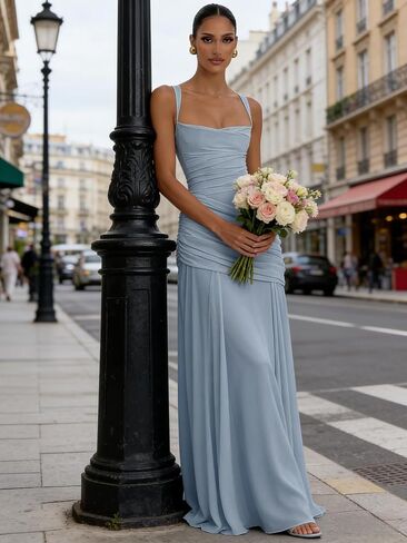 Chiffon Square Neck Bridesmaid Dresses 2026 Long Pleated A Line Corset Formal Evening Gown for Women in Kuwait
