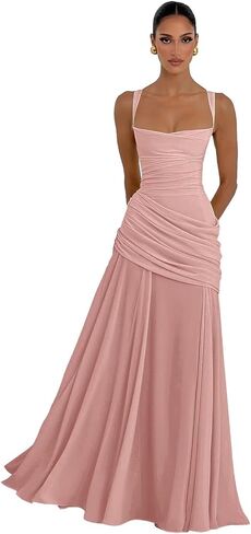 Chiffon Square Neck Bridesmaid Dresses 2026 Long Pleated A Line Corset Formal Evening Gown for Women in Kuwait