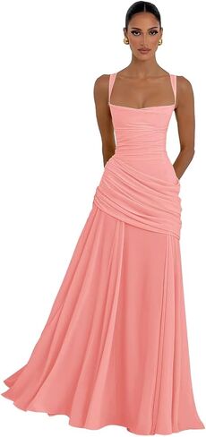 Chiffon Square Neck Bridesmaid Dresses 2026 Long Pleated A Line Corset Formal Evening Gown for Women in Kuwait