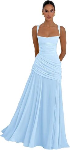 Chiffon Square Neck Bridesmaid Dresses 2026 Long Pleated A Line Corset Formal Evening Gown for Women in Kuwait