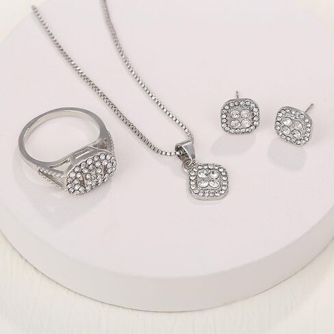 3-Piece Men's 925 Silver Jewelry Set: Cubic Zirconia Pendant Necklace, Stud Earrings & Ring, Hypoallergenic Urban Street Style Set for Multi-Occasion Wear, Gift-Ready Accessories in Kuwait
