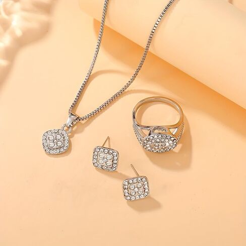 3-Piece Men's 925 Silver Jewelry Set: Cubic Zirconia Pendant Necklace, Stud Earrings & Ring, Hypoallergenic Urban Street Style Set for Multi-Occasion Wear, Gift-Ready Accessories in Kuwait