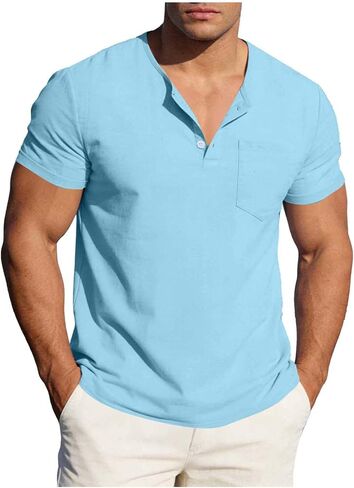 Linen Henley Shirts for Men Short Sleeve Button Shirt with Chest Pocket Lightweight Casual Summer Beach T Shirts in Kuwait