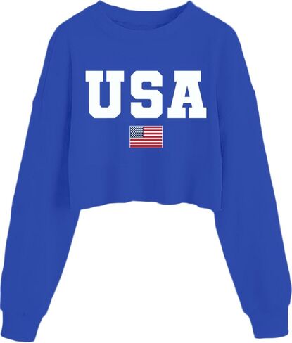 Womens USA Long Sleeve Crop Top American Flag Pullover Shirt 4th of July in Saudi Arabia