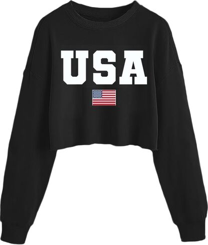 Womens USA Long Sleeve Crop Top American Flag Pullover Shirt 4th of July in Saudi Arabia