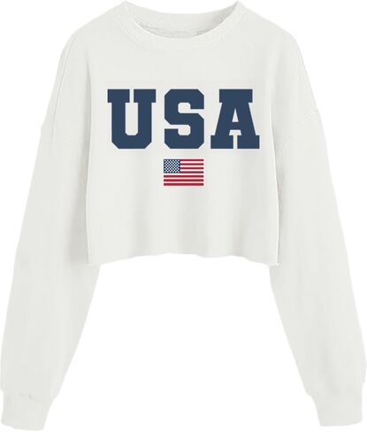 Womens USA Long Sleeve Crop Top American Flag Pullover Shirt 4th of July in Saudi Arabia