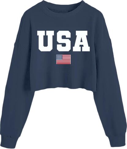 Womens USA Long Sleeve Crop Top American Flag Pullover Shirt 4th of July in Saudi Arabia