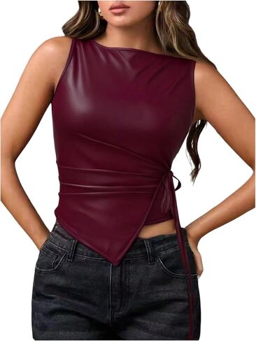 RoseSeek Women's Tie Side Asymmetrical Hem PU Leather Top Boat Neck Sleeveless Tank Tops Elegant Tops in Kuwait