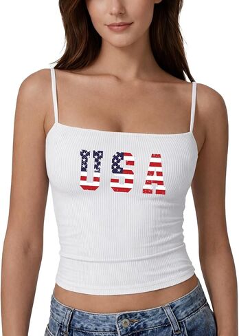 BeWithYou USA Graphic Tank Top for Women Spaghetti Strap Crop Tops 4th of July Sleeveless Shirts Y2K Patriotic Camisole Top in Saudi Arabia
