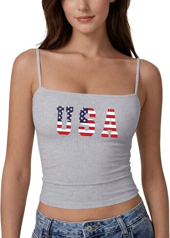 BeWithYou USA Graphic Tank Top for Women Spaghetti Strap Crop Tops 4th of July Sleeveless Shirts Y2K Patriotic Camisole Top in Saudi Arabia