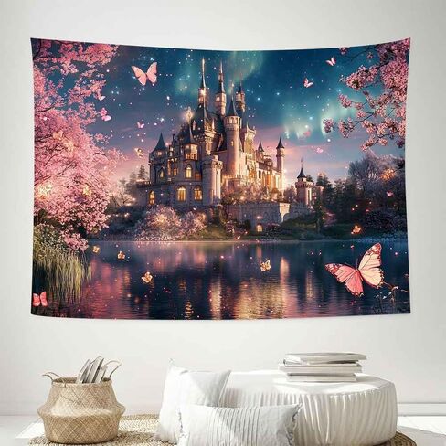 LATETOMT 60x44in Fantasy Castle Tapestries Pink Flower Butterfly Wall Tapestry Cherry Tree Tapestry Princess Castle Tapestries for Kids Bedroom Living Room Dorm Party Wall Decor LTMTAYW011 in Saudi Arabia