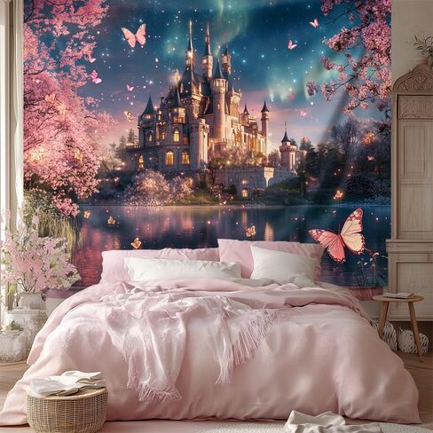 LATETOMT 60x44in Fantasy Castle Tapestries Pink Flower Butterfly Wall Tapestry Cherry Tree Tapestry Princess Castle Tapestries for Kids Bedroom Living Room Dorm Party Wall Decor LTMTAYW011 in Saudi Arabia